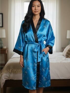 Satin Reversible Embroidered Dragon Floral Kimono Robe - Blue XL